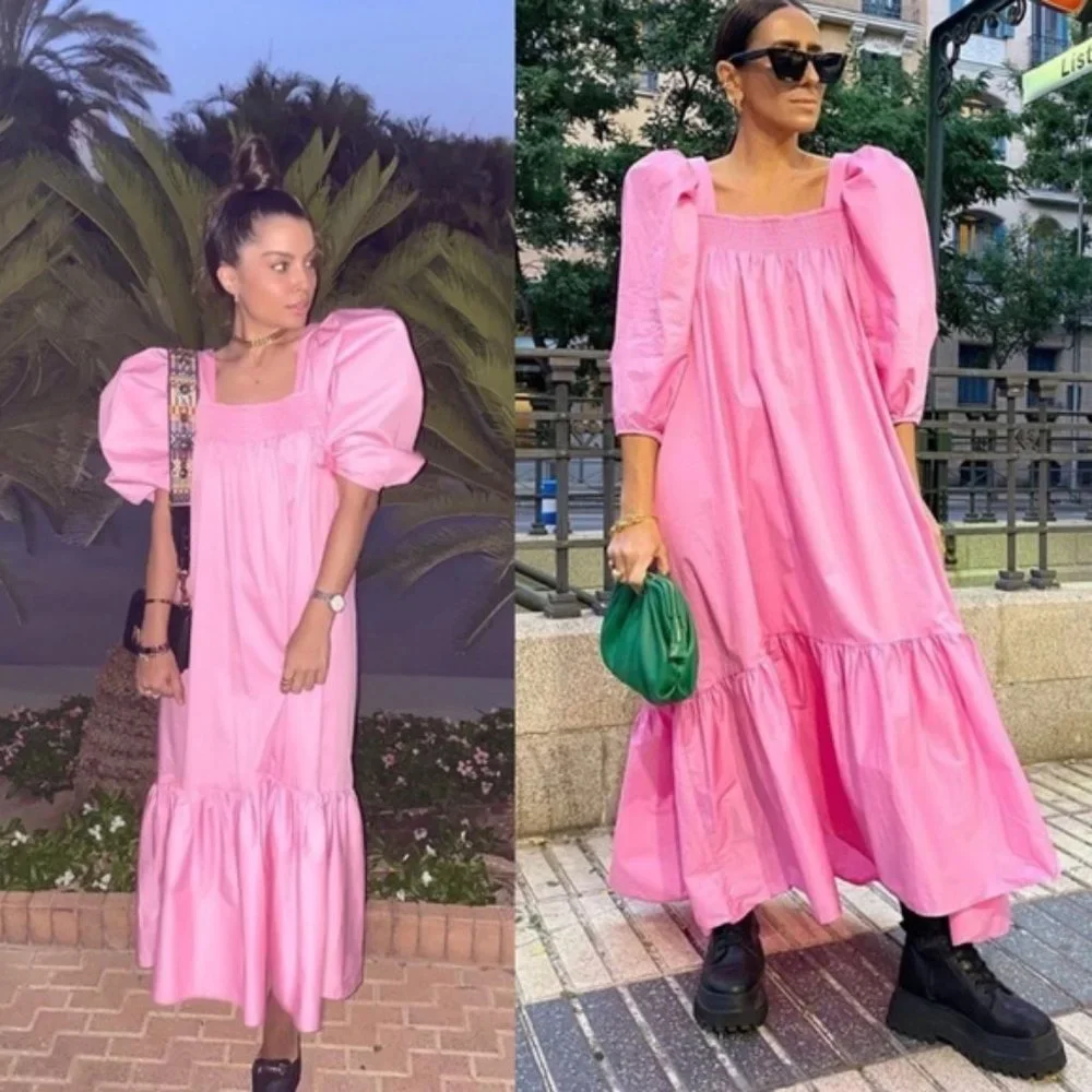 H&M Pink Puff Sleeve Voluminous Midi Dress XS Blogger Favorite NEW - Picture 9 of 14